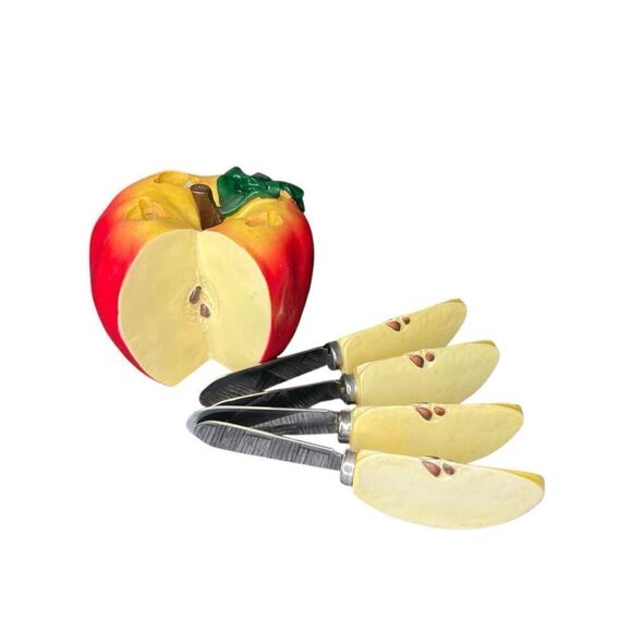 Vintage Apple Butter Cheese Knife Holder Set Kitchen Home Apple Decor - 4 Knives - Picture 3 of 5
